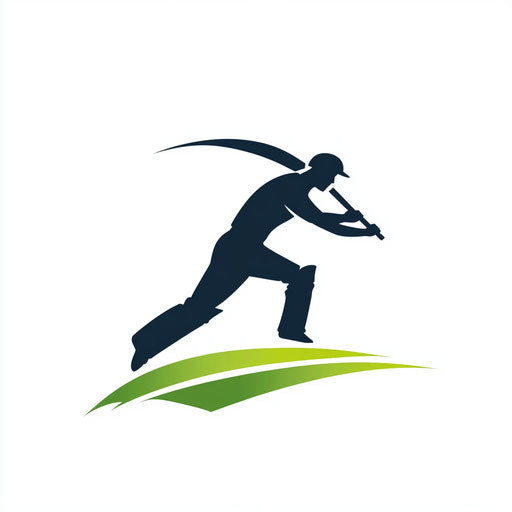 Minimalist cricket logo with cricket player silhouette and modern typography in green and navy colors, on white background.