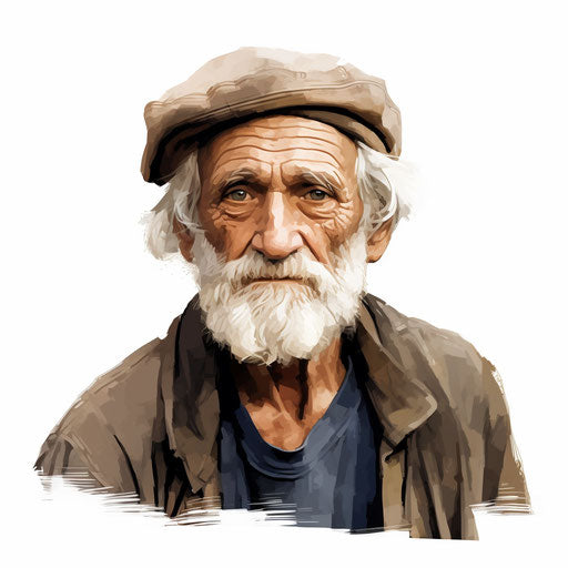 Illustration of old man in the style of Chiaroscuro Art, on white background