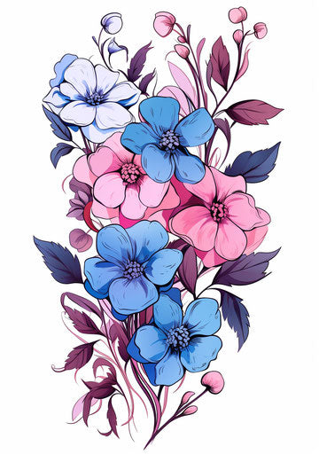 Bouquet of small blue and pink flowers in outlined art style