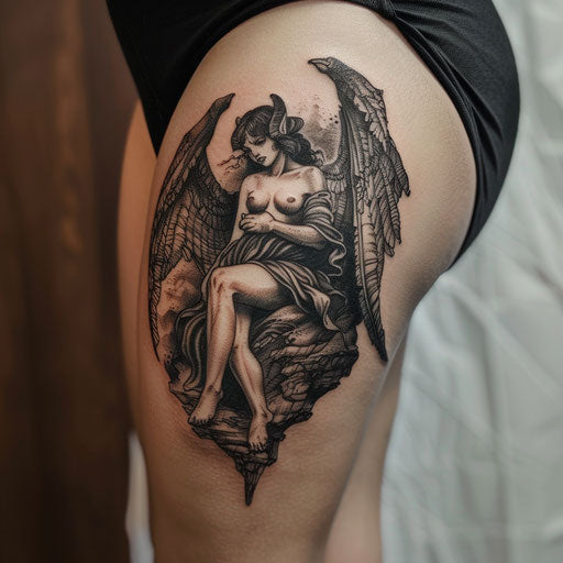 Angel and demon thigh tattoo in the style of Gerald Brom