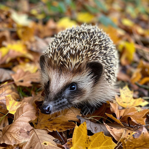 Hedgehog on autumn walk with fallen leaves