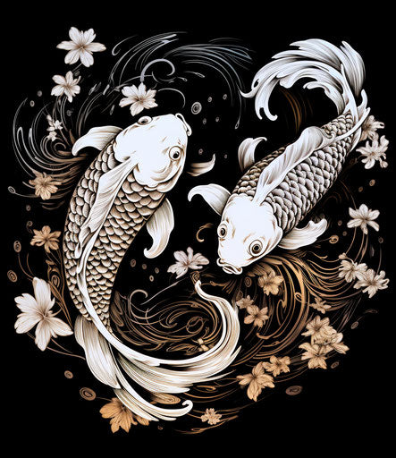 Two overlapping koi fish, ornate and detailed