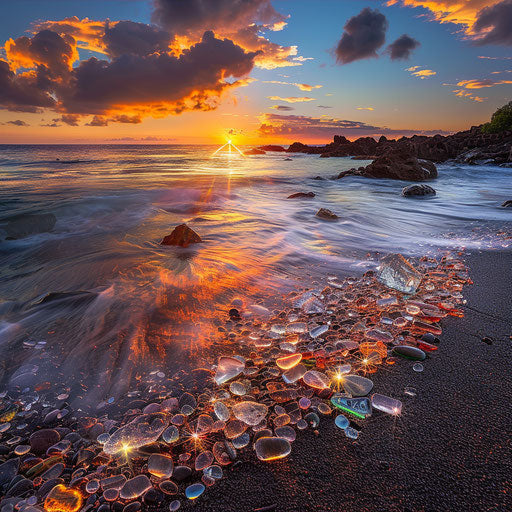 Glass Beach at sunset with vibrant colors reflecting on the ocean