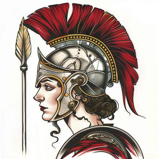 Neo-traditional tattoo of Athena with spear and shield