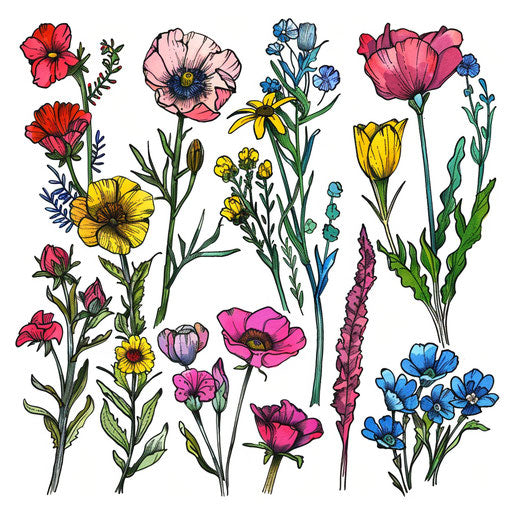 Vibrant wildflower tattoos in a pop art style