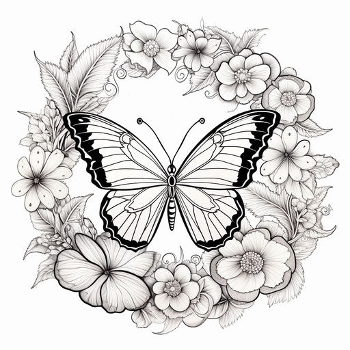 Black butterfly coloring page in circle, tranquil gardens