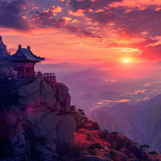Mount Tai at sunrise, in the style of David Keochkerian