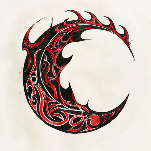 Tribal half moon tattoo in black and red, clipart style