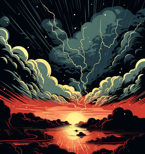 Storm clouds and lightning in retro black, comic/cartoon style, damp 15:16