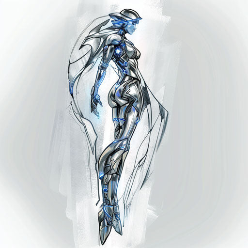 Futuristic metallic tattoo sketch of Aphrodite with chrome effects and electric blue highlights