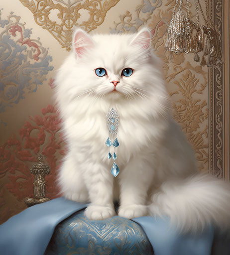 Fluffy white cat on white carpet, persian miniature style