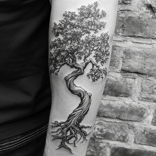 Men's tree tattoos with twisted oak and roots down arm