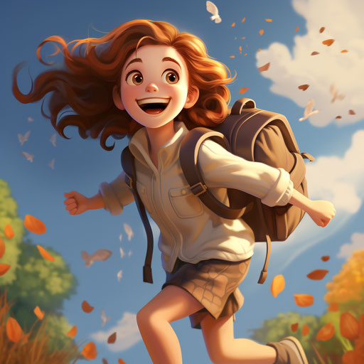 Laughing girl with backpack, animated film style