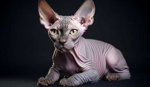 Sphynx cat, light purple and light black, dark silver and dark brown, explosive pigmentation, dark indigo and light beige