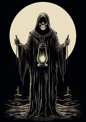 Messenger of death holding lantern in black and white