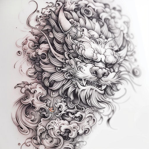 Fantasy foo dog tattoo with magical elements and motifs