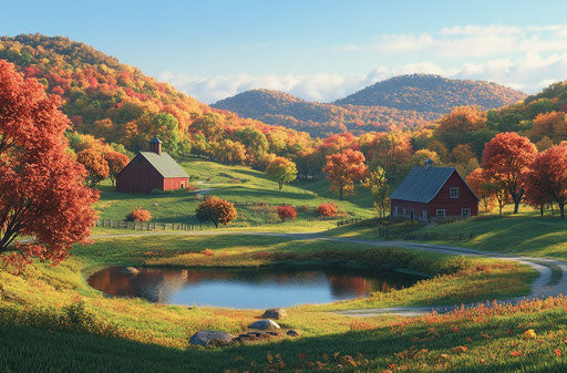 Picturesque autumn landscape of green mountains and rustic farms