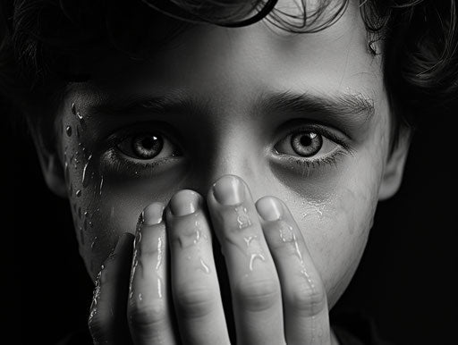 Child crying in a black and white photo, poignant symbolism, shiny eyes