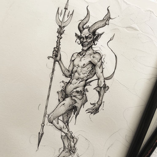 Whimsical flat tattoo sketch of Lucifer holding a trident