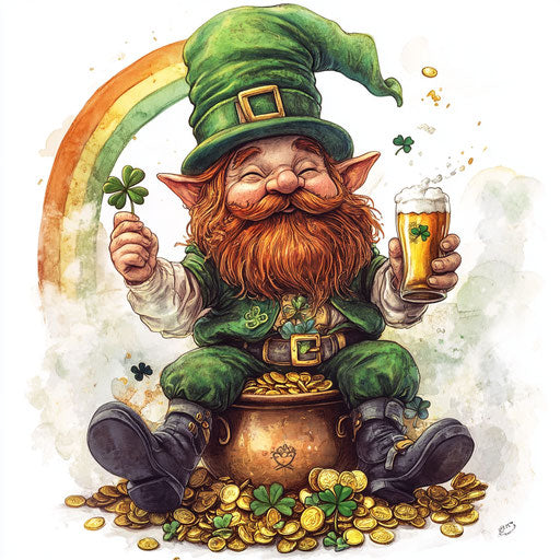St. Patrick's Day Gnome with a Beer, sitting on a pot of gold