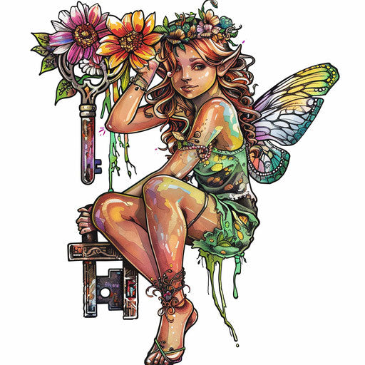Whimsical tattoo sketch of a fairy sitting on a key, bright clipart colors
