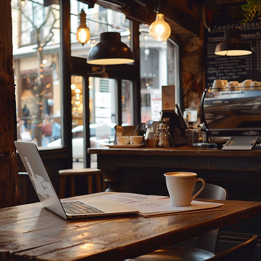 Serene cafe with person working on financial reports