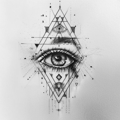 Mystical geometric tattoo design of an eye surrounded by geometric motifs, expressing vision on a white background