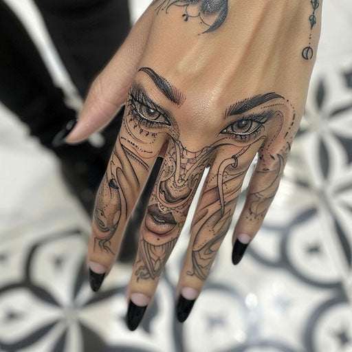 Finger tattoos for women in the style of Humberto Ramos with dynamic action scenes