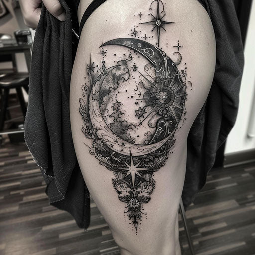 Hip tattoo of a celestial theme, J.P. Targete style