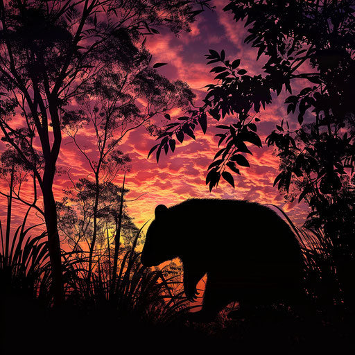 Wombat silhouette on vibrant sunset in the bush