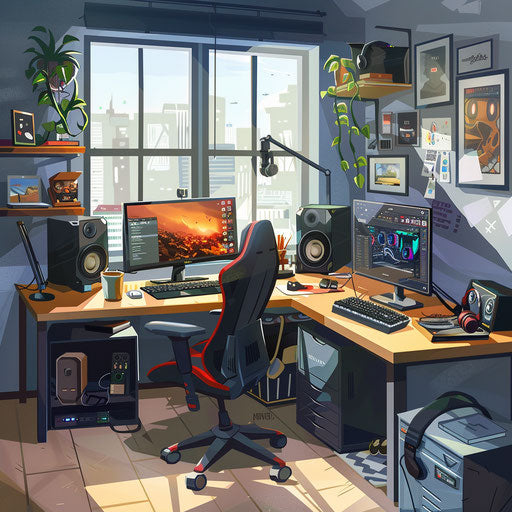 Professional streaming setup and decor in an office