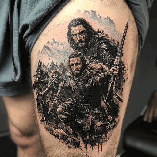 Men's thigh tattoos with epic battles for Peter Jackson fans