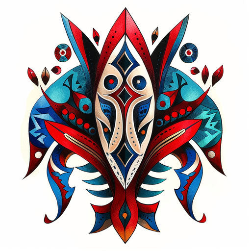 Colorful abstract African tribal tattoo design in bright reds and blues on white