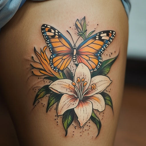 Feminine tattoos with a butterfly resting on a lily