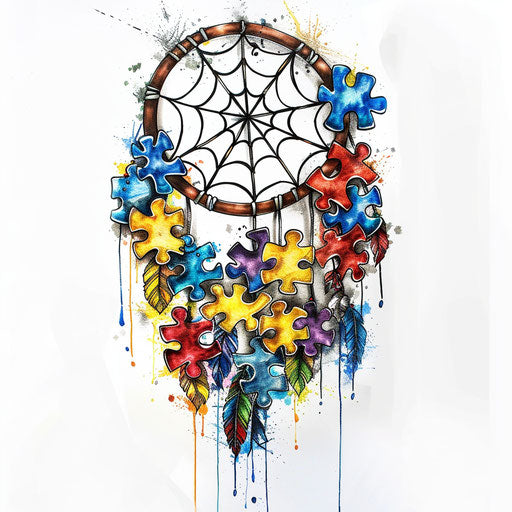 Dreamcatcher weaving through autism puzzle, colorful