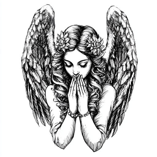 Flat tattoo sketch of a guardian angel with spread wings