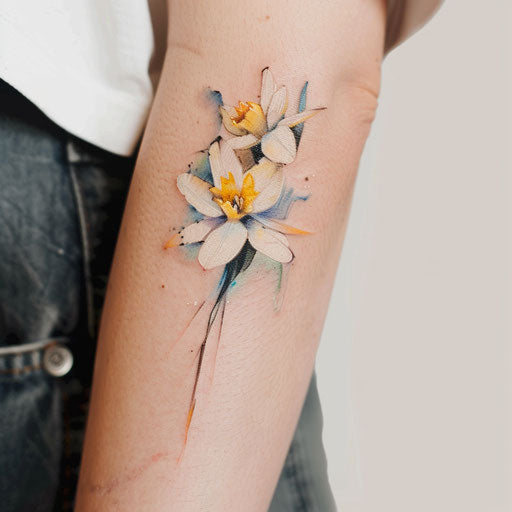 Impressionistic Narcissus tattoo art, brush strokes and soft color blends on a white background