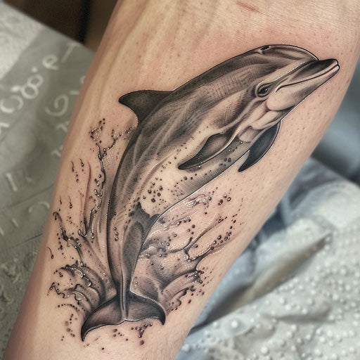 Realistic grey dolphin tattoo leaping out of water