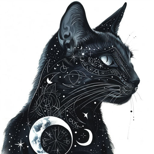 Black cat with mystical symbols on white background