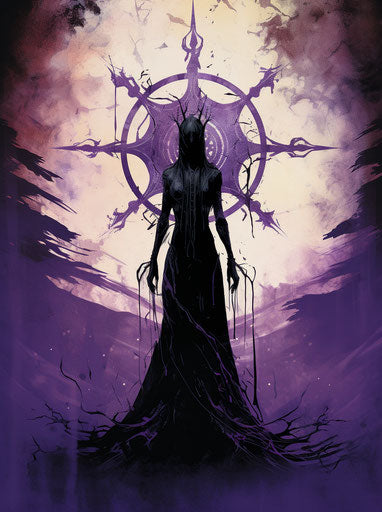 Purple witch with black sun - ink-washed, antichrist