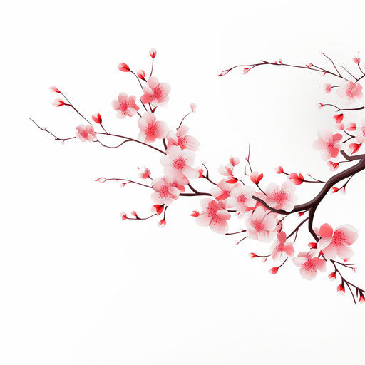 White branch with small pink cherry blossoms on white background