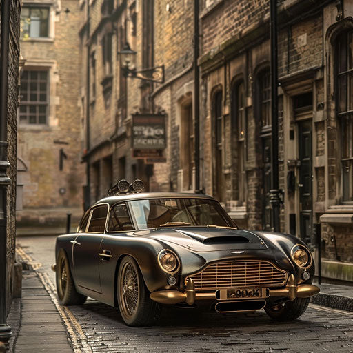 Steampunk-themed car with brass accents parked in old London alley