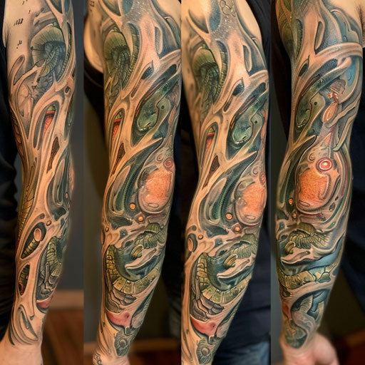 Biomechanical sleeve tattoo in the style of Guy Aitchison