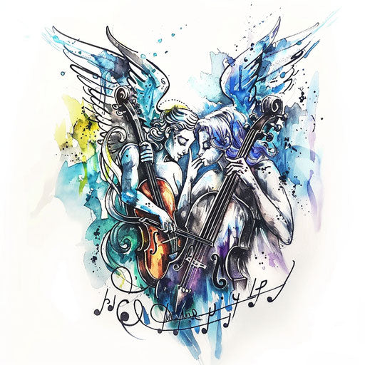 Harmonious flat tattoo sketch of an angel and devil sharing music