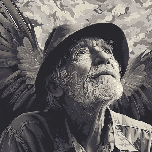 Grandfather clipart with detailed wings and flat random background