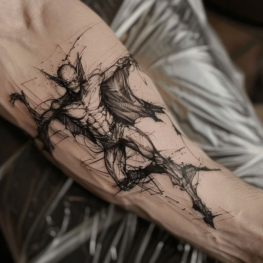 Dynamic flat tattoo sketch of a vampire in mid-transformation with abstract shadow elements