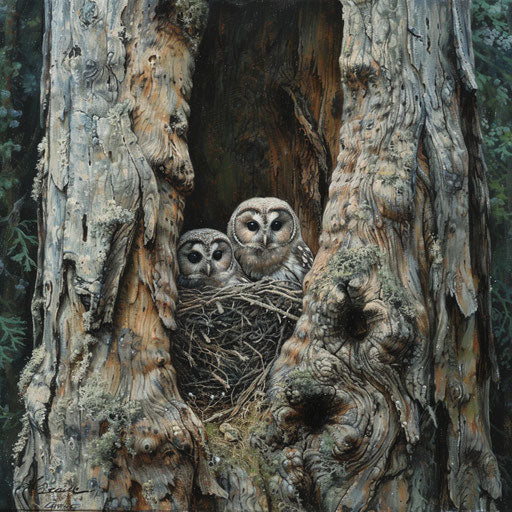 Nest of northern spotted owls in giant tree