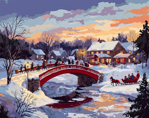 Red-covered bridge with ice skaters, Christmas village, snowy fields