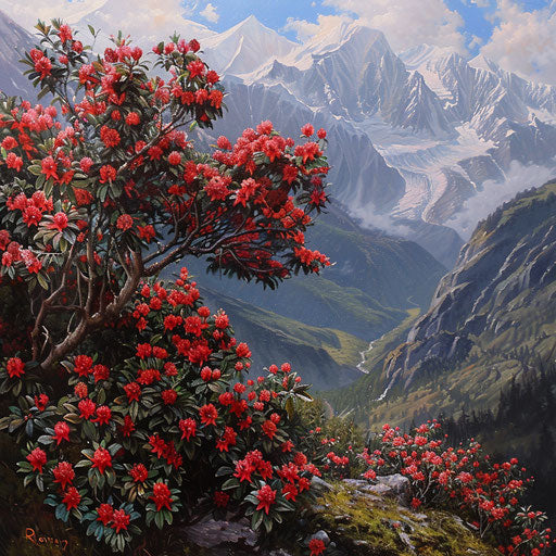 Rhododendron tree with red and pink flowers on Himalayan mountain wall