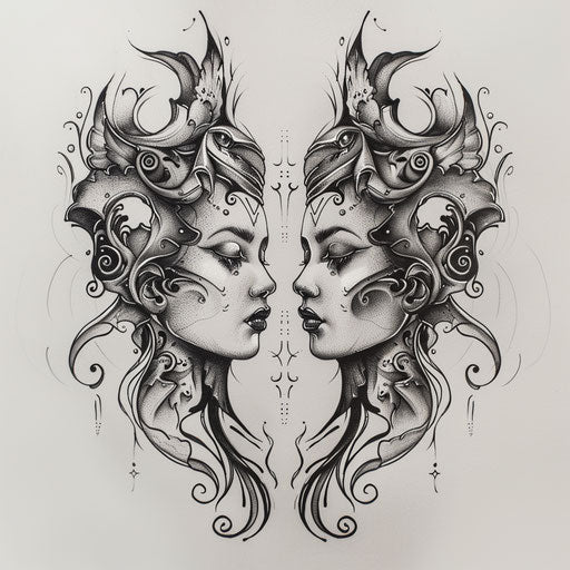 Gemini flat tattoo sketch, mirror-image twins
